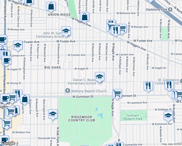 map of restaurants, bars, coffee shops, grocery stores, and more near 4942 North Nashville Avenue in Chicago