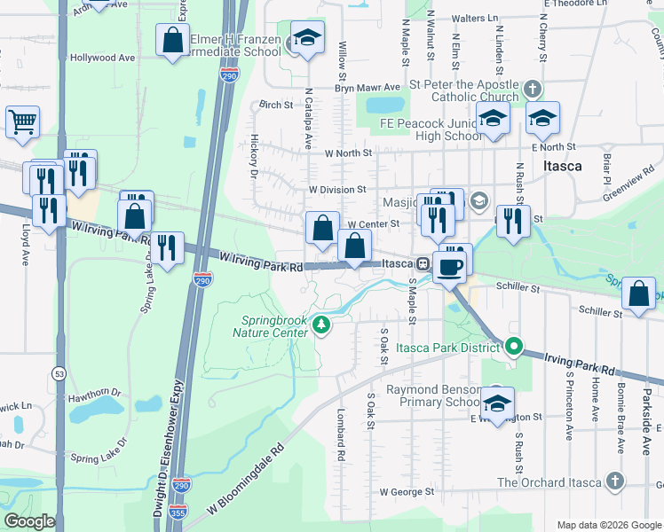 map of restaurants, bars, coffee shops, grocery stores, and more near 413 Illinois 19 in Itasca