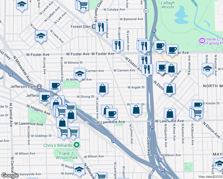 map of restaurants, bars, coffee shops, grocery stores, and more near 5007 West Argyle Street in Chicago