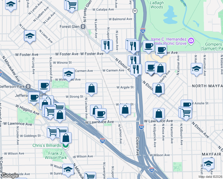 map of restaurants, bars, coffee shops, grocery stores, and more near 4929 West Argyle Street in Chicago
