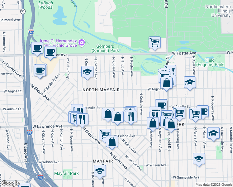 map of restaurants, bars, coffee shops, grocery stores, and more near 4949 North Kildare Avenue in Chicago