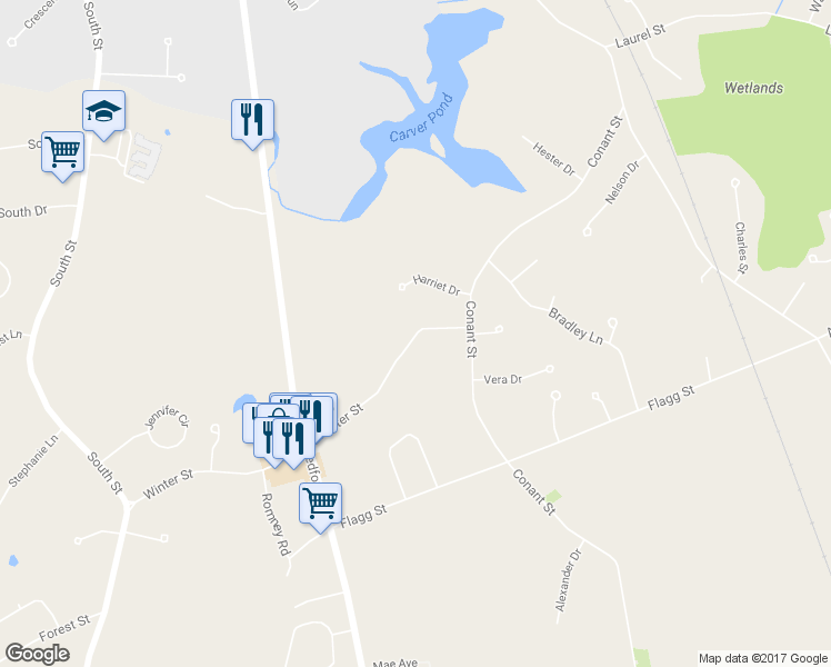 map of restaurants, bars, coffee shops, grocery stores, and more near 358 Winter Street in Bridgewater