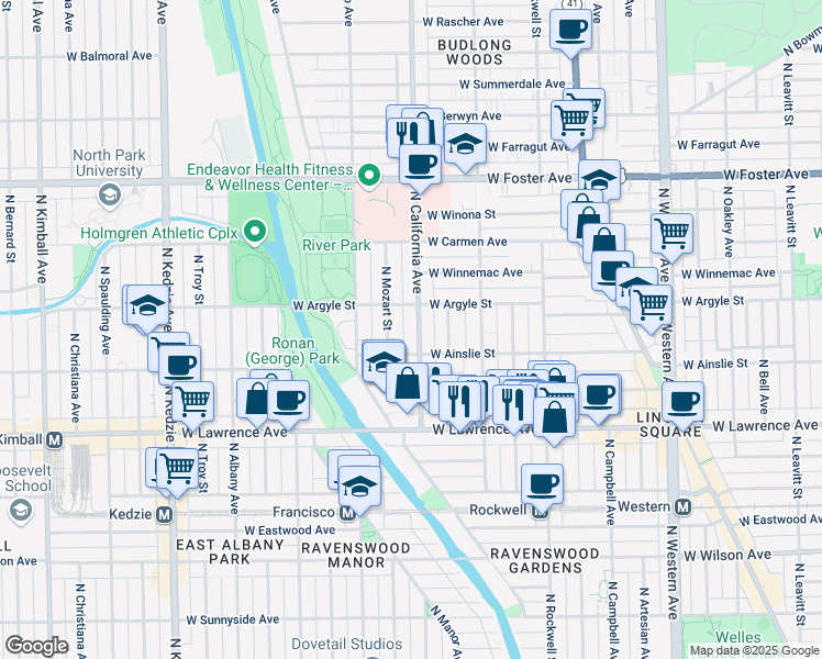map of restaurants, bars, coffee shops, grocery stores, and more near 4924 North California Avenue in Chicago