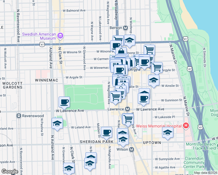 map of restaurants, bars, coffee shops, grocery stores, and more near West Ainslie Street in Chicago