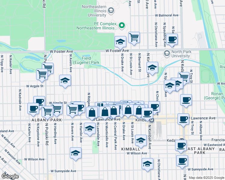 map of restaurants, bars, coffee shops, grocery stores, and more near 4942 North Central Park Avenue in Chicago