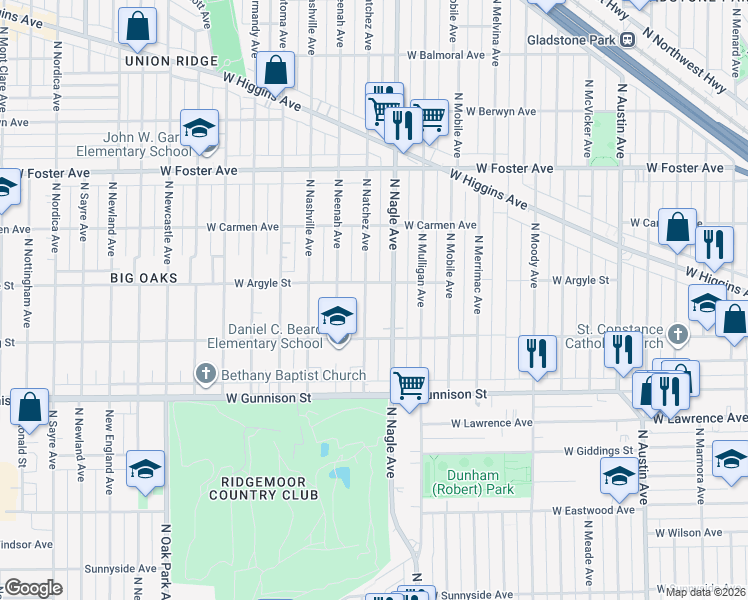 map of restaurants, bars, coffee shops, grocery stores, and more near 4941 North Natchez Avenue in Chicago