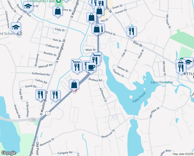 map of restaurants, bars, coffee shops, grocery stores, and more near 83 Jefferson Street in North Attleborough