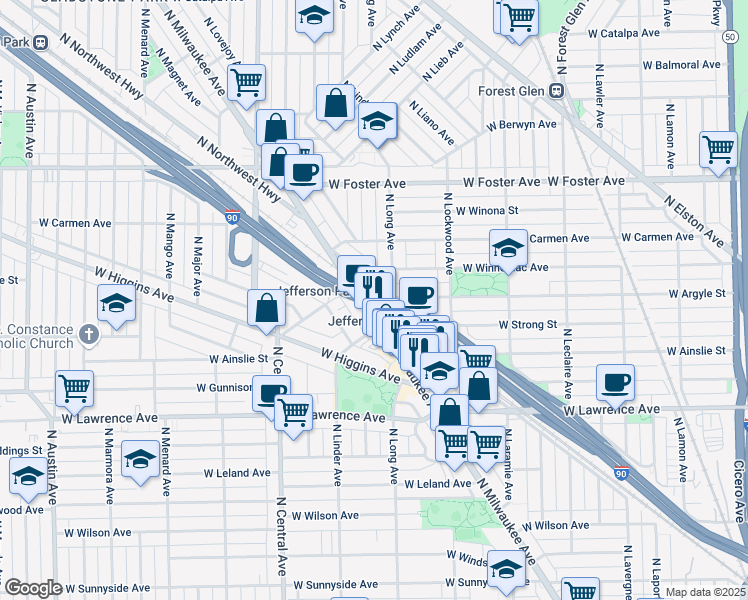 map of restaurants, bars, coffee shops, grocery stores, and more near 4963 North Milwaukee Avenue in Chicago