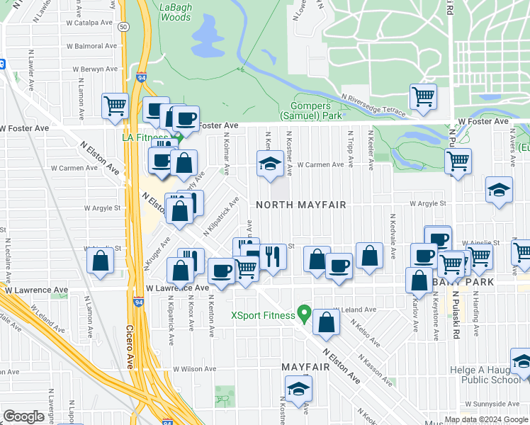 map of restaurants, bars, coffee shops, grocery stores, and more near 4950 North Kenneth Avenue in Chicago