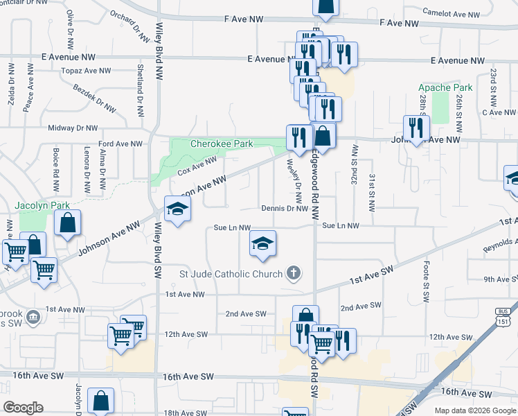 map of restaurants, bars, coffee shops, grocery stores, and more near 3620 Dennis Drive Northwest in Cedar Rapids
