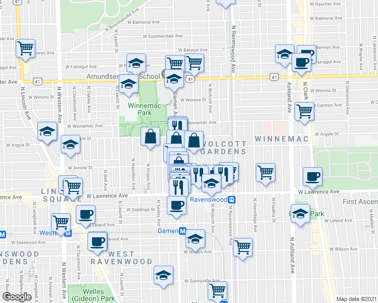 map of restaurants, bars, coffee shops, grocery stores, and more near 4926 North Winchester Avenue in Chicago