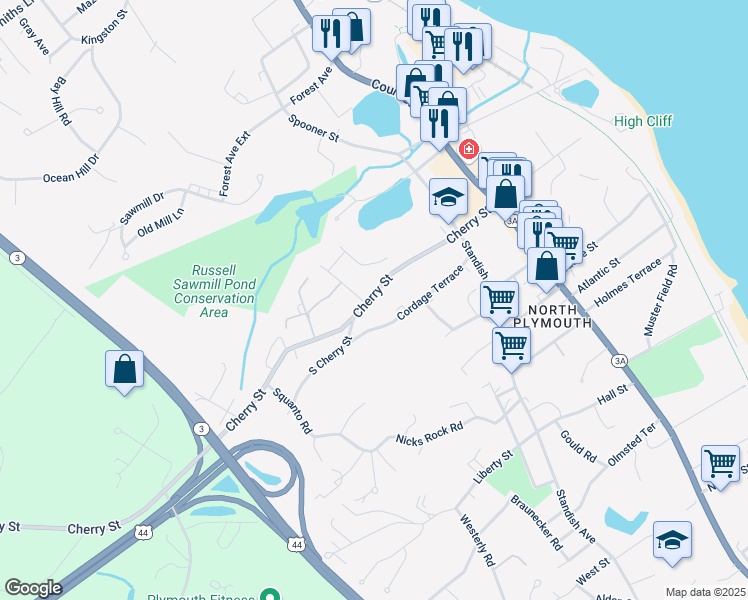 map of restaurants, bars, coffee shops, grocery stores, and more near 62 South Cherry Street in Plymouth