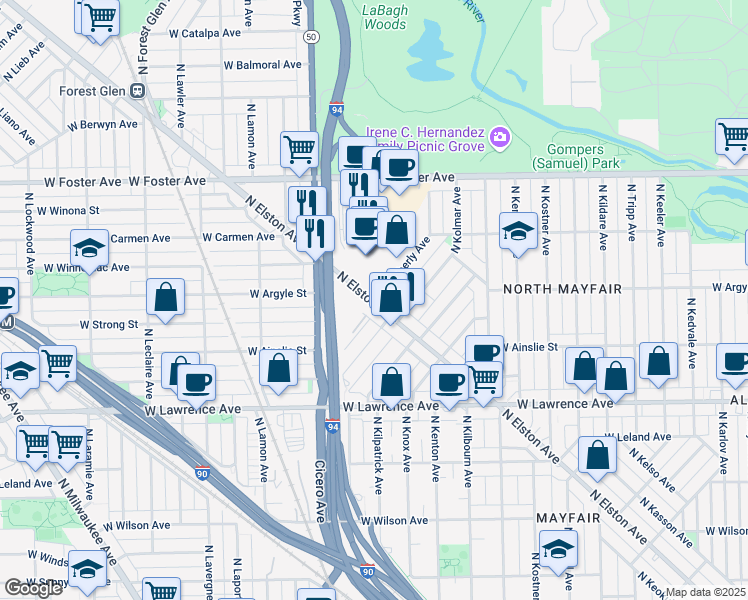 map of restaurants, bars, coffee shops, grocery stores, and more near 4995 North Elston Avenue in Chicago