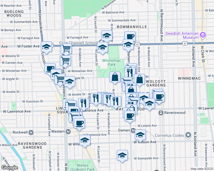 map of restaurants, bars, coffee shops, grocery stores, and more near 4931 North Hamilton Avenue in Chicago
