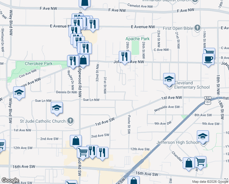 map of restaurants, bars, coffee shops, grocery stores, and more near 2988 Dennis Drive Northwest in Cedar Rapids