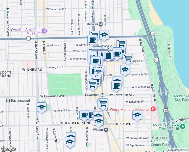 map of restaurants, bars, coffee shops, grocery stores, and more near 1200 West Ainslie Street in Chicago