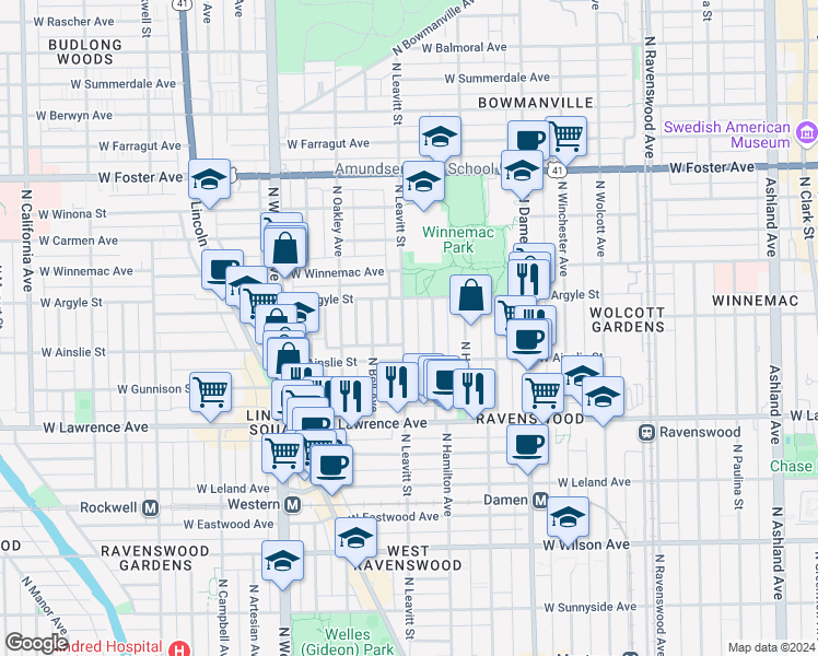 map of restaurants, bars, coffee shops, grocery stores, and more near 4931 North Leavitt Street in Chicago