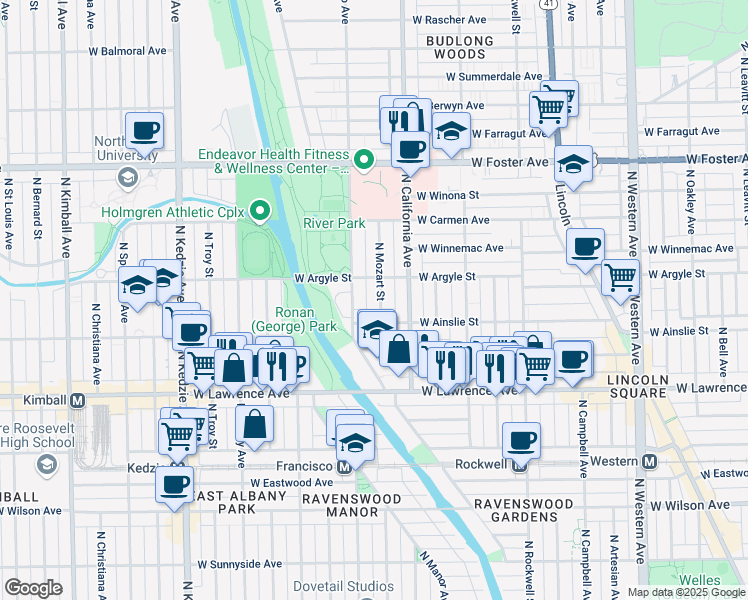 map of restaurants, bars, coffee shops, grocery stores, and more near 4926 North Mozart Street in Chicago