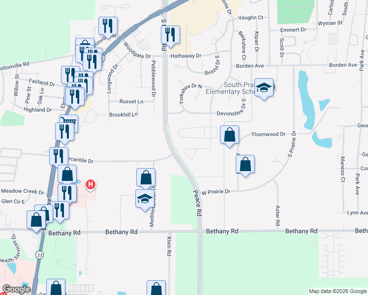 map of restaurants, bars, coffee shops, grocery stores, and more near 1263 Daniel Court in Sycamore