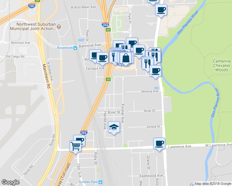 map of restaurants, bars, coffee shops, grocery stores, and more near 5101 Michigan Avenue in Schiller Park