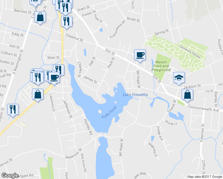 map of restaurants, bars, coffee shops, grocery stores, and more near 32 Pratt Lane in North Attleborough
