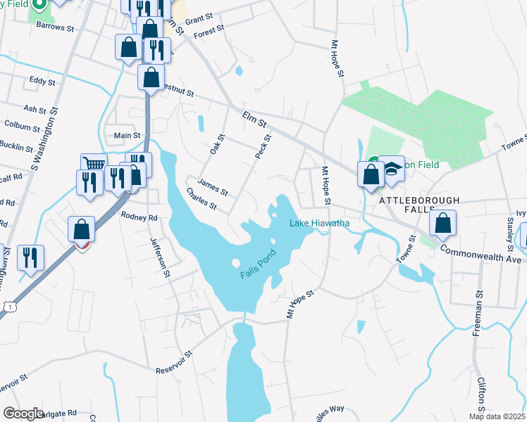 map of restaurants, bars, coffee shops, grocery stores, and more near 32 Pratt Lane in North Attleborough