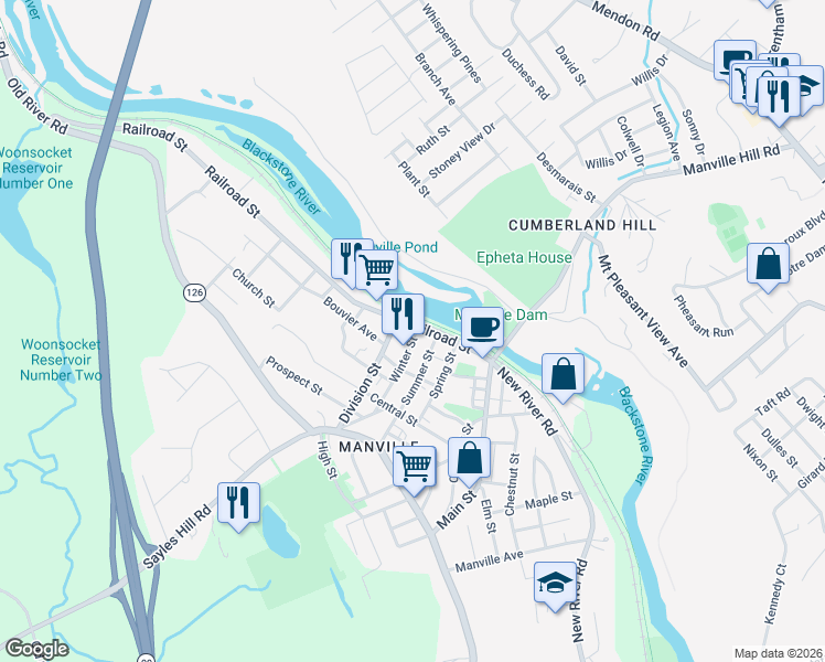 map of restaurants, bars, coffee shops, grocery stores, and more near 1 Winter Street in Lincoln