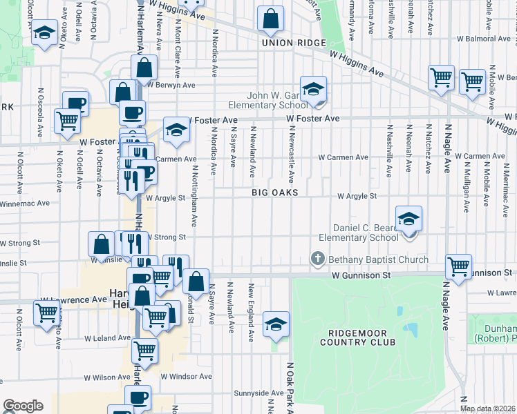 map of restaurants, bars, coffee shops, grocery stores, and more near 4947 North Newland Avenue in Chicago
