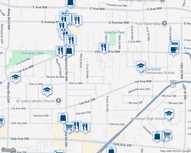 map of restaurants, bars, coffee shops, grocery stores, and more near 2986 Dennis Drive Northwest in Cedar Rapids