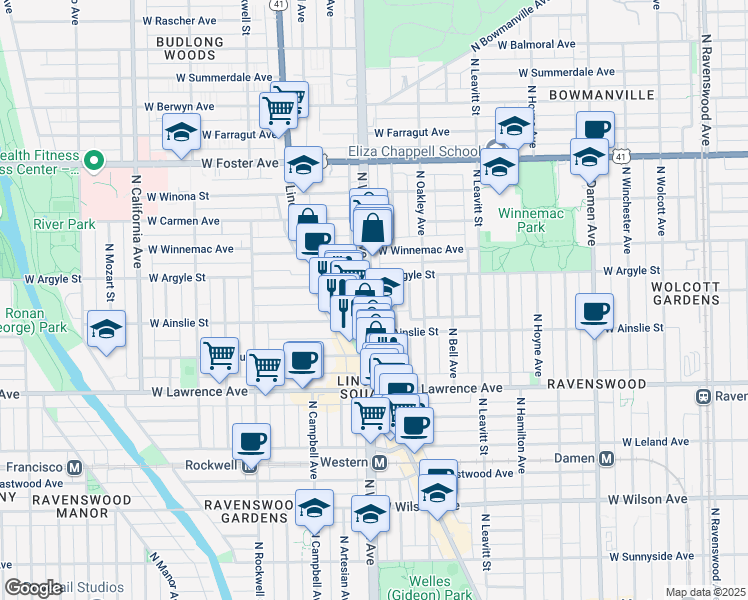 map of restaurants, bars, coffee shops, grocery stores, and more near 4935 North Western Avenue in Chicago
