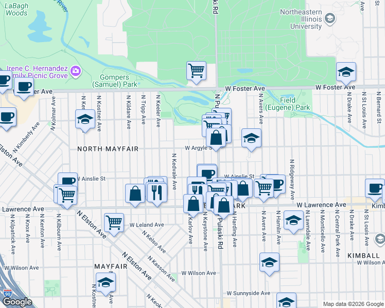 map of restaurants, bars, coffee shops, grocery stores, and more near 4949 North Karlov Avenue in Chicago