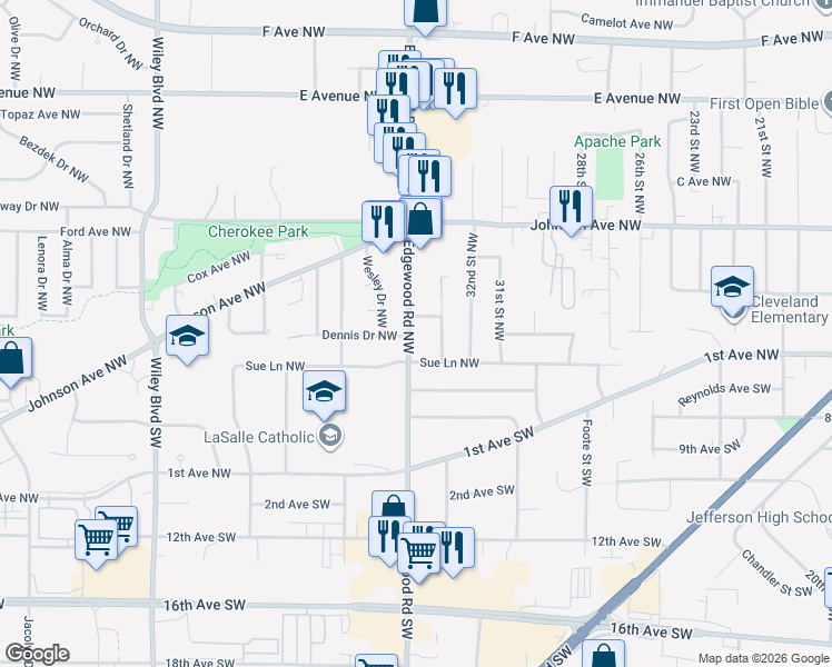 map of restaurants, bars, coffee shops, grocery stores, and more near 109 Edgewood Road Northwest in Cedar Rapids