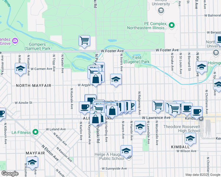 map of restaurants, bars, coffee shops, grocery stores, and more near 4930 N Springfield Ave in Chicago