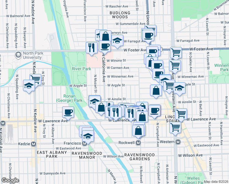 map of restaurants, bars, coffee shops, grocery stores, and more near 4925 North Fairfield Avenue in Chicago