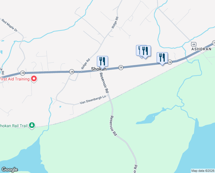 map of restaurants, bars, coffee shops, grocery stores, and more near 39 Reservoir Road in Shokan