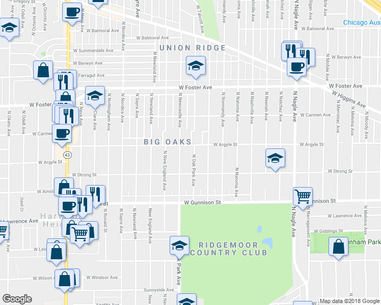 map of restaurants, bars, coffee shops, grocery stores, and more near 4946 North Oak Park Avenue in Chicago