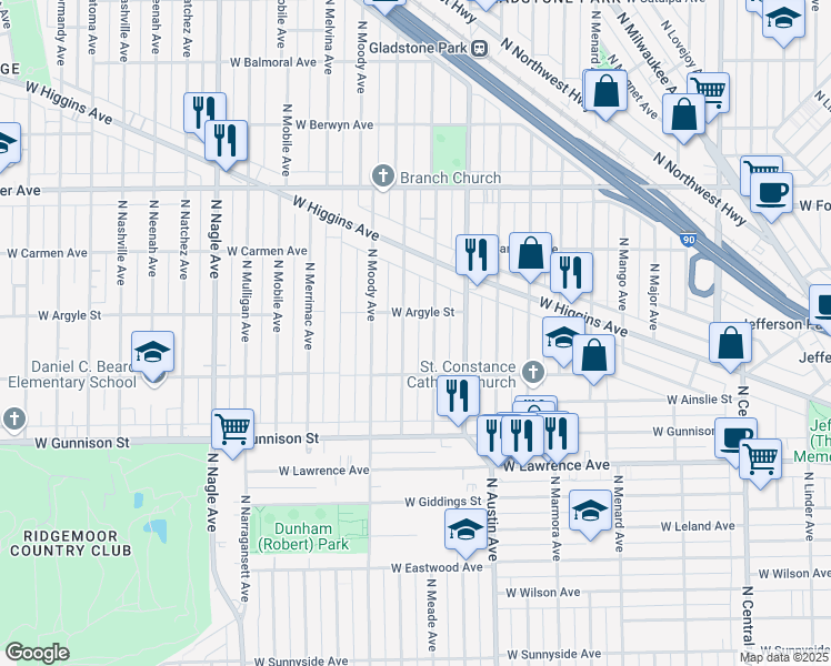map of restaurants, bars, coffee shops, grocery stores, and more near 4939 North Meade Avenue in Chicago