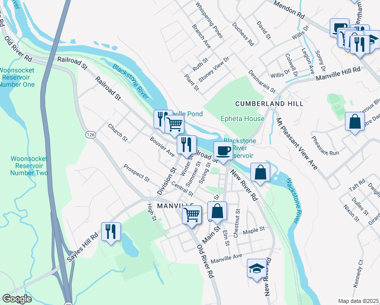 map of restaurants, bars, coffee shops, grocery stores, and more near 3 Winter Street in Lincoln