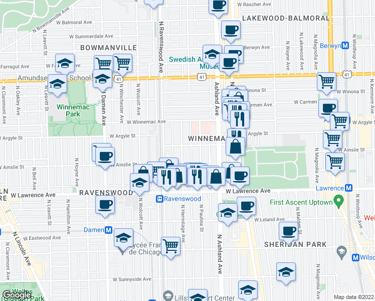 map of restaurants, bars, coffee shops, grocery stores, and more near 4891 North Hermitage Avenue in Chicago