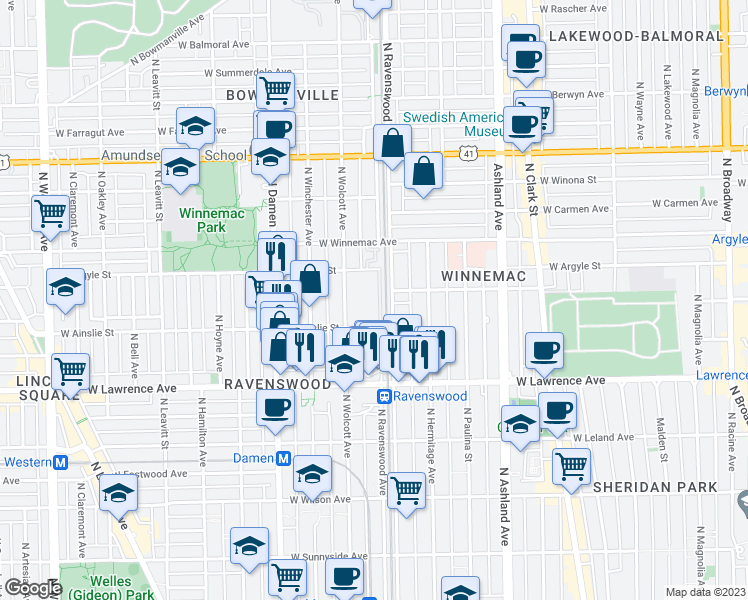 map of restaurants, bars, coffee shops, grocery stores, and more near 1809 West Argyle Street in Chicago