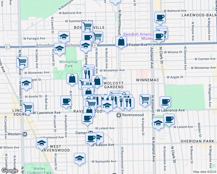 map of restaurants, bars, coffee shops, grocery stores, and more near 4926 North Wolcott Avenue in Chicago