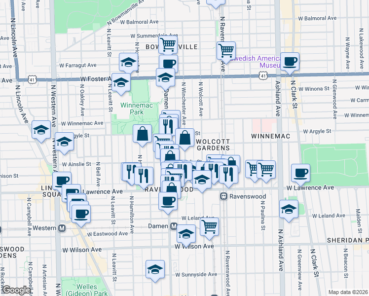 map of restaurants, bars, coffee shops, grocery stores, and more near 4926 North Winchester Avenue in Chicago