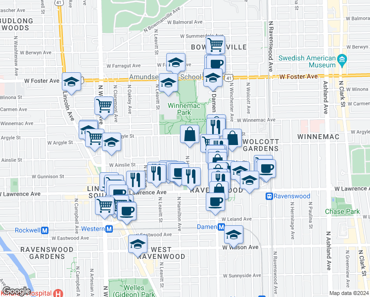 map of restaurants, bars, coffee shops, grocery stores, and more near 4931 North Hamilton Avenue in Chicago