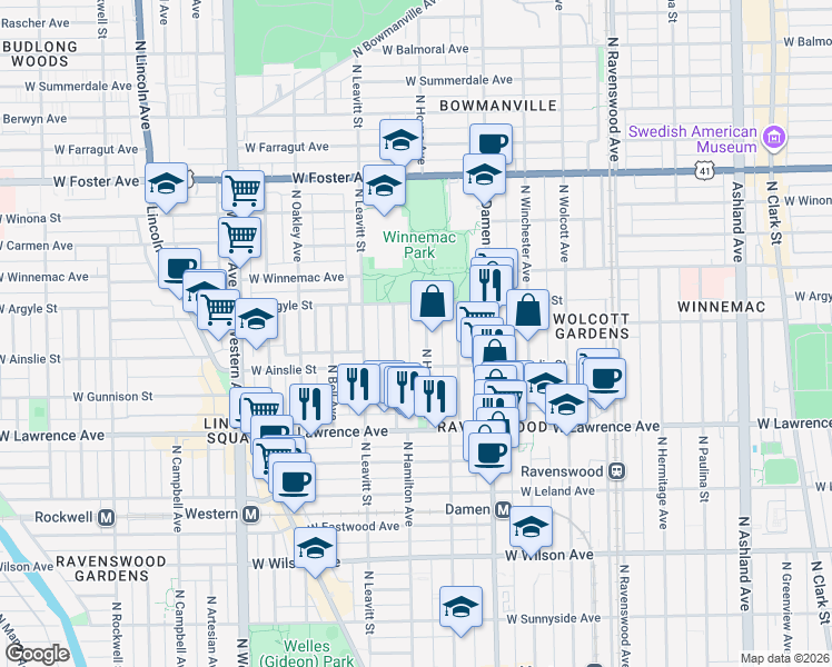 map of restaurants, bars, coffee shops, grocery stores, and more near 4931 North Hamilton Avenue in Chicago