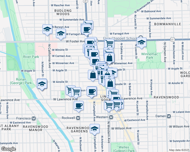 map of restaurants, bars, coffee shops, grocery stores, and more near 2517 West Argyle Street in Chicago