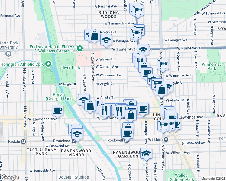 map of restaurants, bars, coffee shops, grocery stores, and more near 4925 North Washtenaw Avenue in Chicago