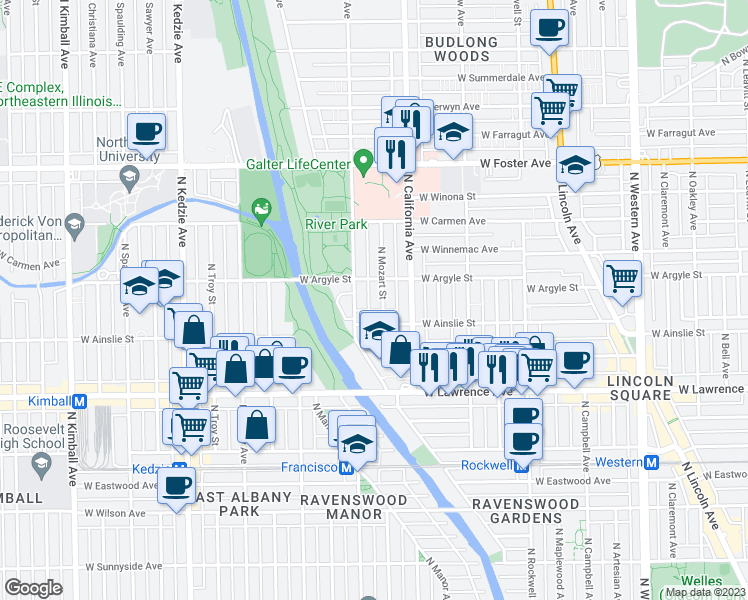 map of restaurants, bars, coffee shops, grocery stores, and more near 4926 North Mozart Street in Chicago