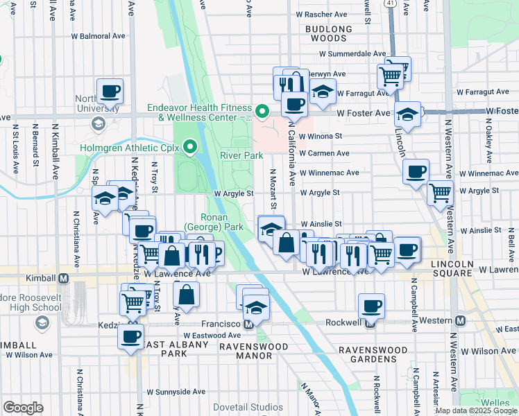 map of restaurants, bars, coffee shops, grocery stores, and more near 4926 North Mozart Street in Chicago