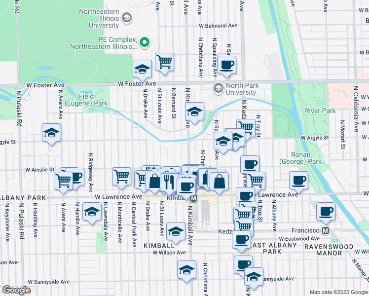 map of restaurants, bars, coffee shops, grocery stores, and more near 4940 North Kimball Avenue in Chicago