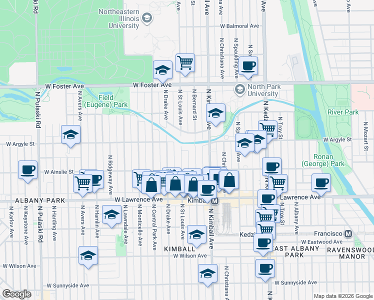 map of restaurants, bars, coffee shops, grocery stores, and more near 4941 North Saint Louis Avenue in Chicago